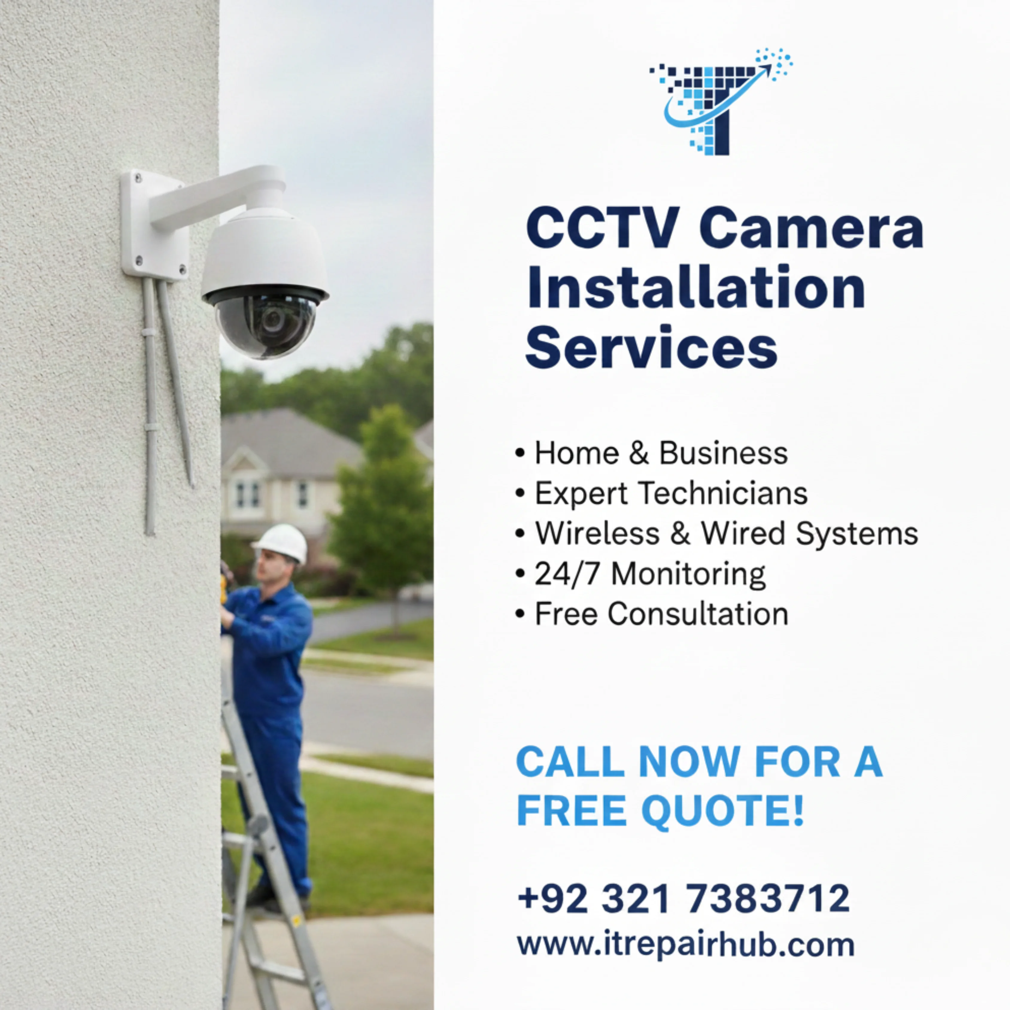 Professional technician installing a white dome security camera on an office ceiling.