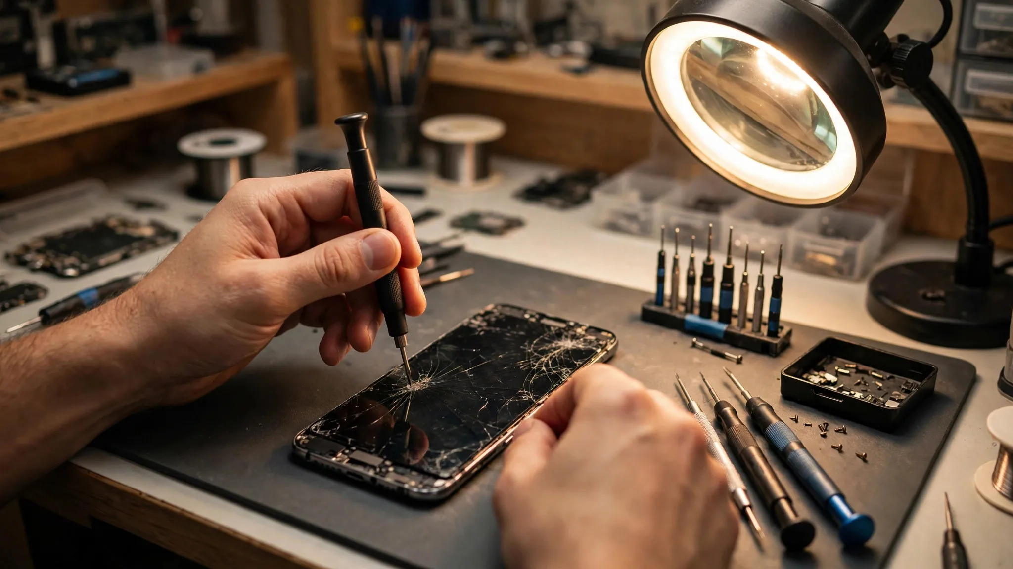 Technician repairing a cracked smartphone screen on a workbench with precision tools — IT Repair Hub mobile repair Lahore