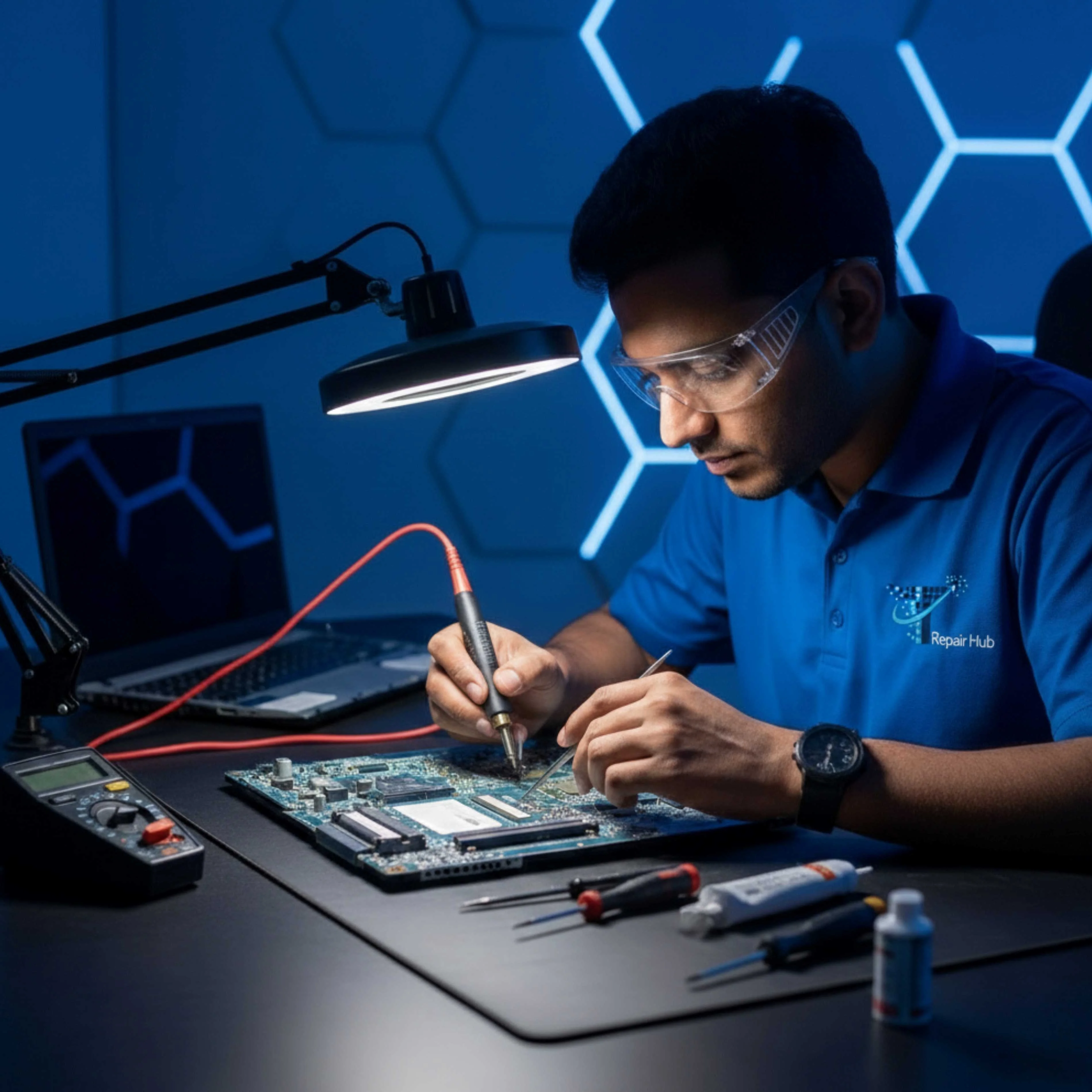Professional technician repairing a laptop motherboard using a soldering station at IT Repair Hub.