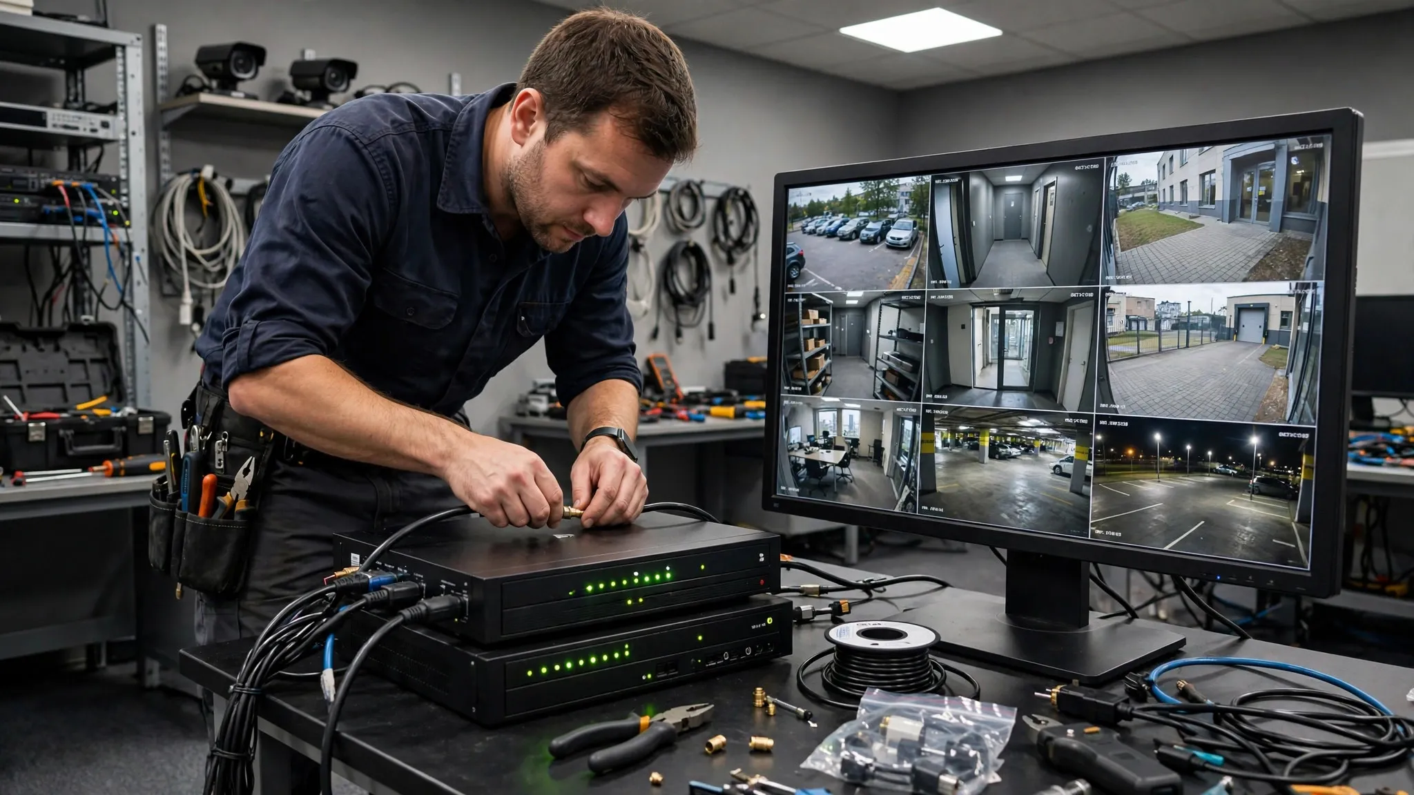 Security monitor showing multiple CCTV camera feeds with DVR recorder and cables — IT Repair Hub CCTV repair and troubleshooting Pakistan