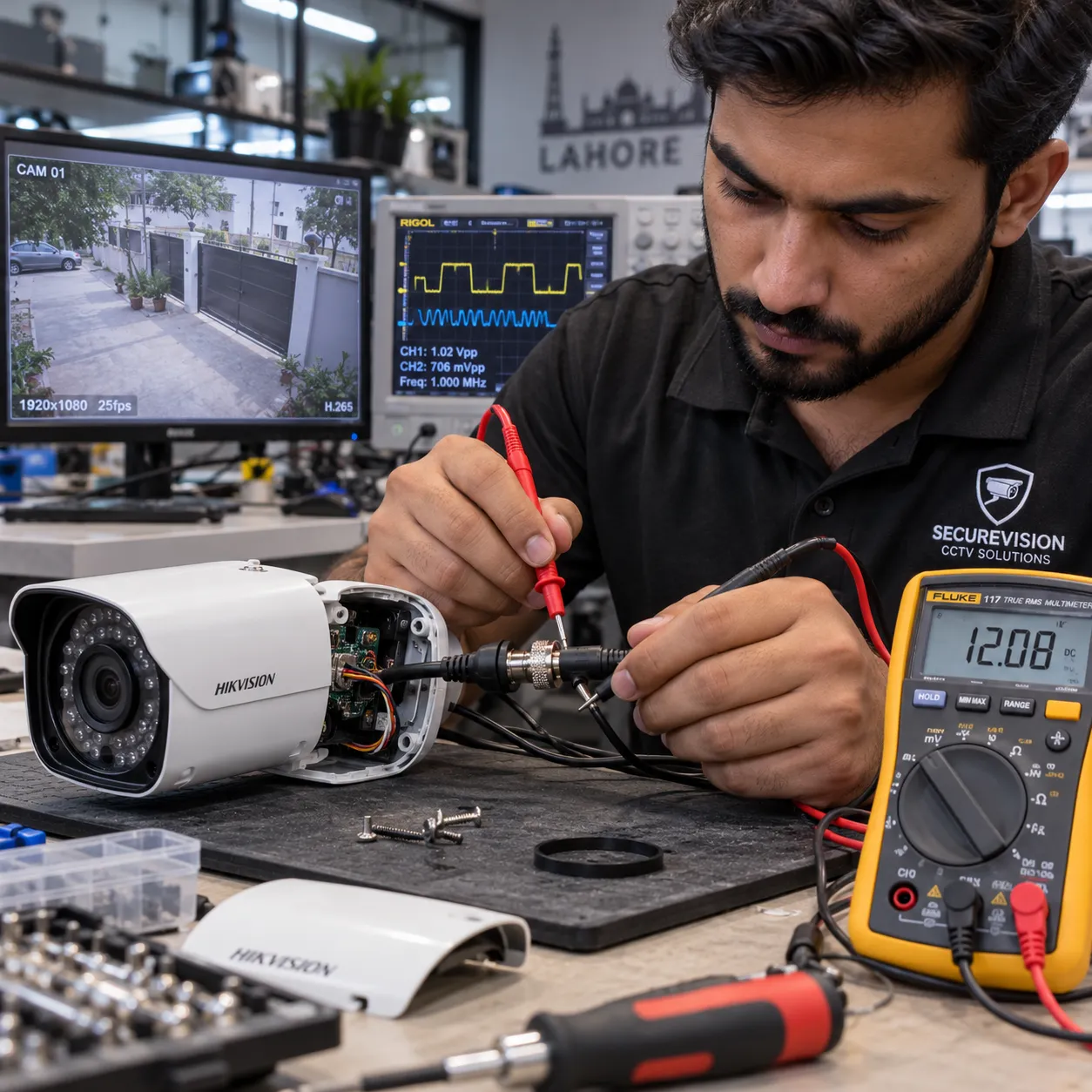 Certified technician performing a CCTV Camera Repair on an IP camera mainboard using a micro-soldering iron in Lahore