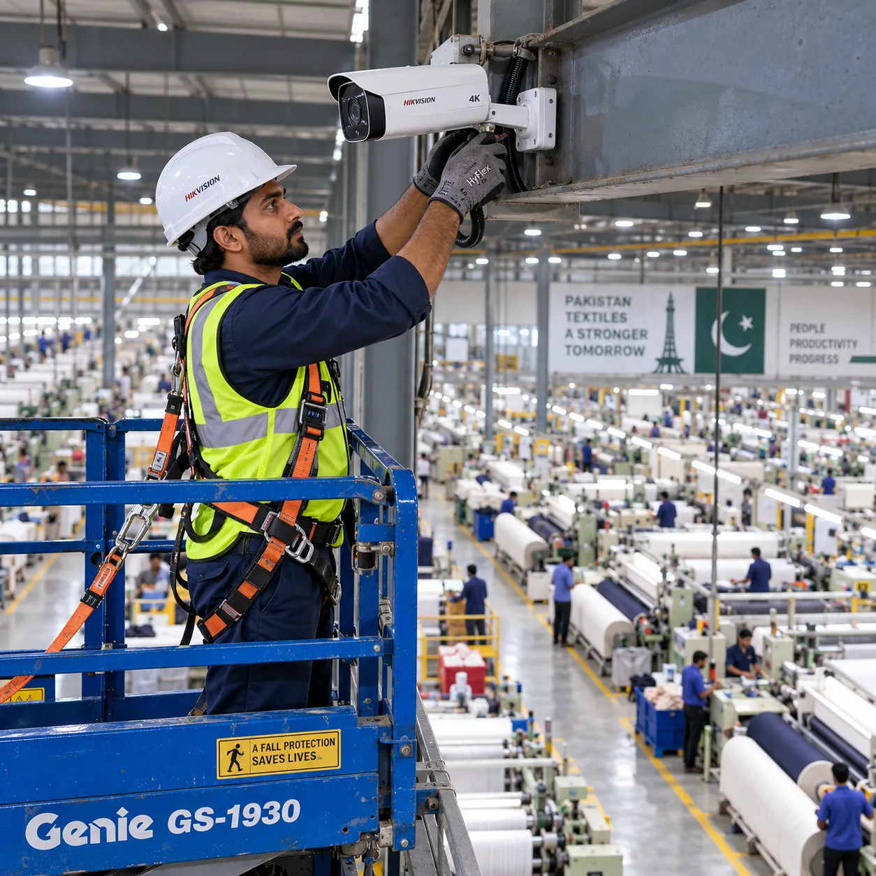 Certified security engineer performing a Factory CCTV Installation of a 4K bullet camera on an industrial warehouse ceiling in Lahore