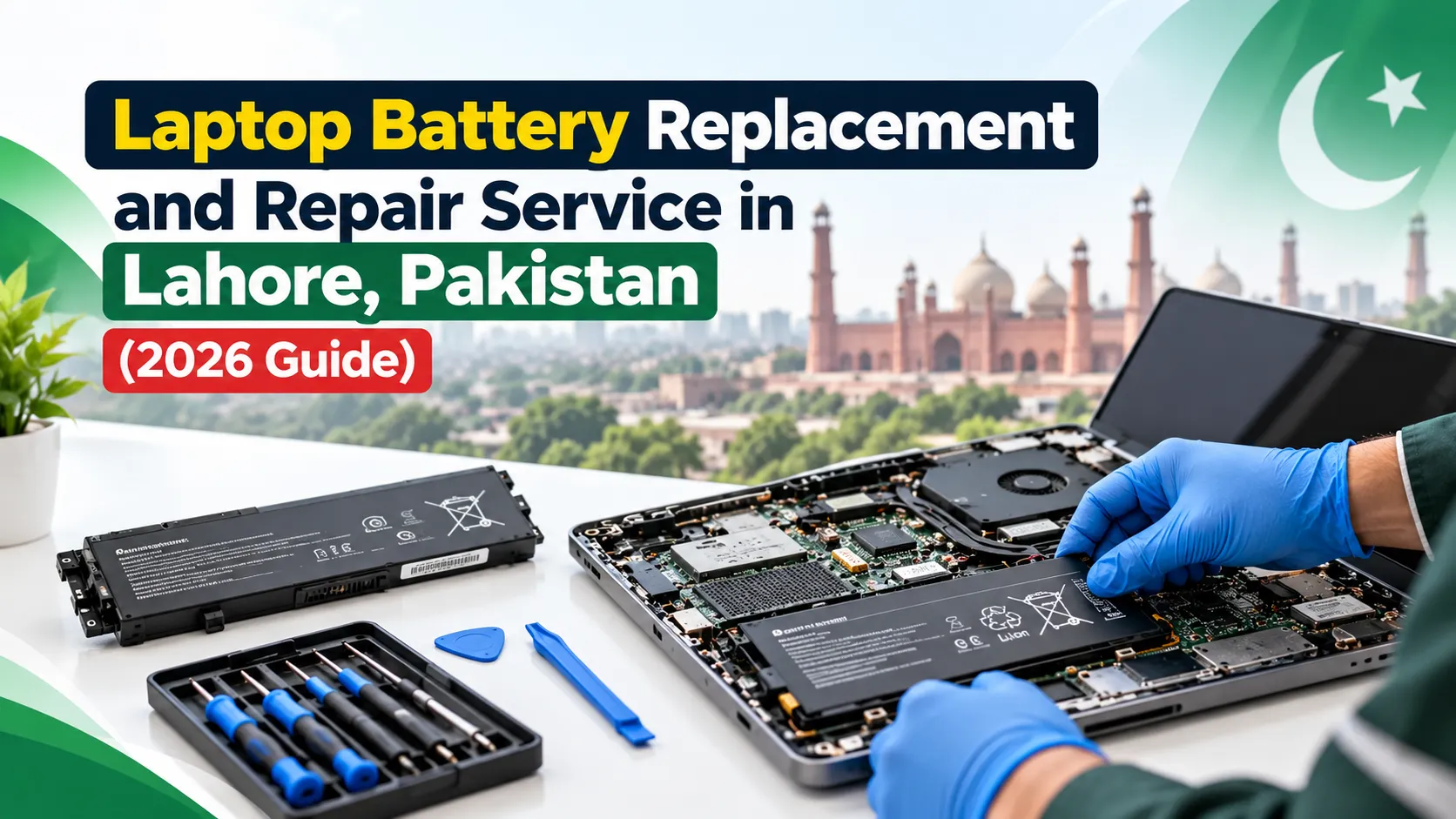 Technician inspecting a laptop battery during a professional battery replacement service at IT Repair Hub Lahore