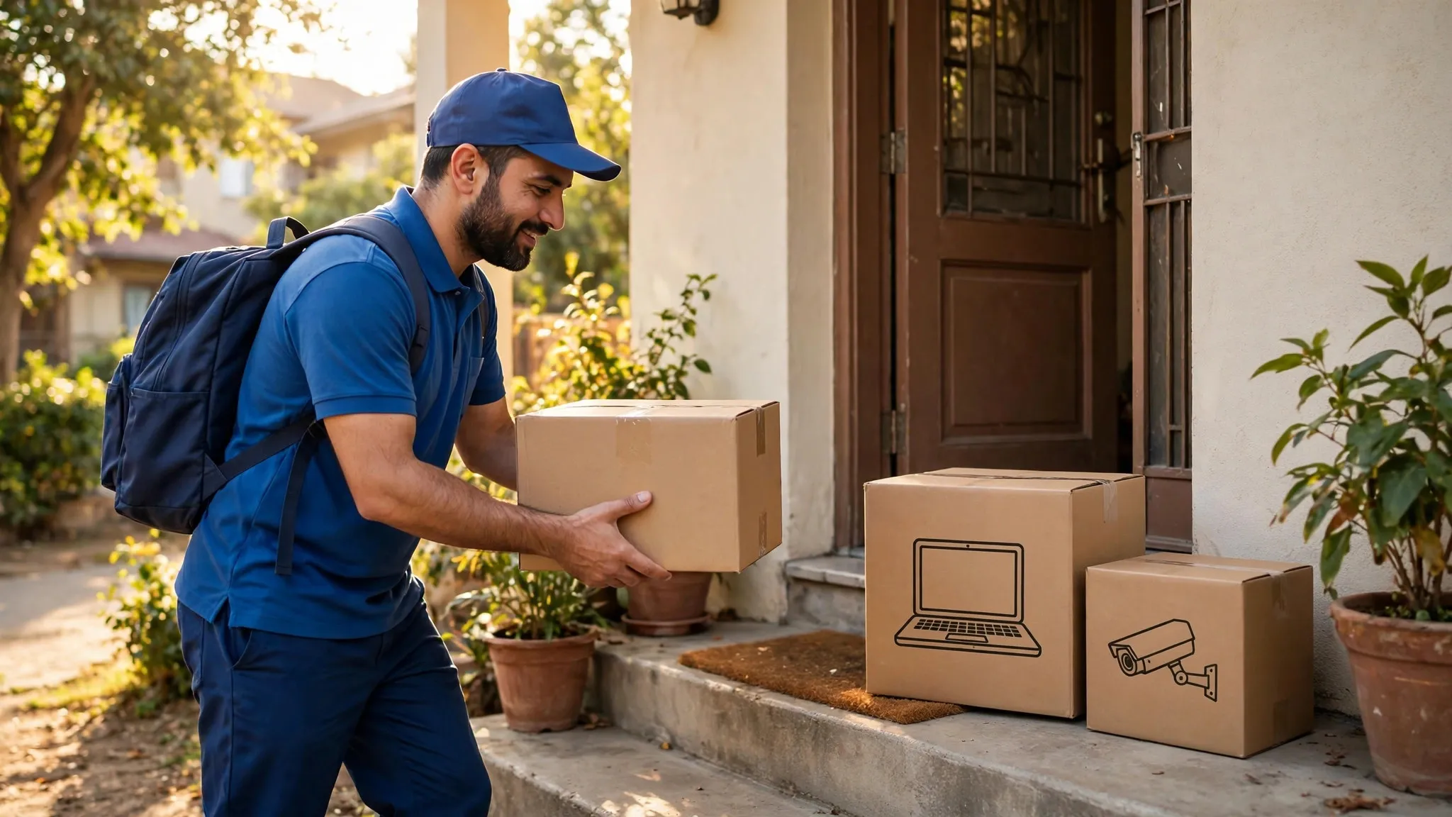 Courier delivering IT product parcel boxes at a home doorstep in Pakistan — IT Repair Hub online products with cash on delivery