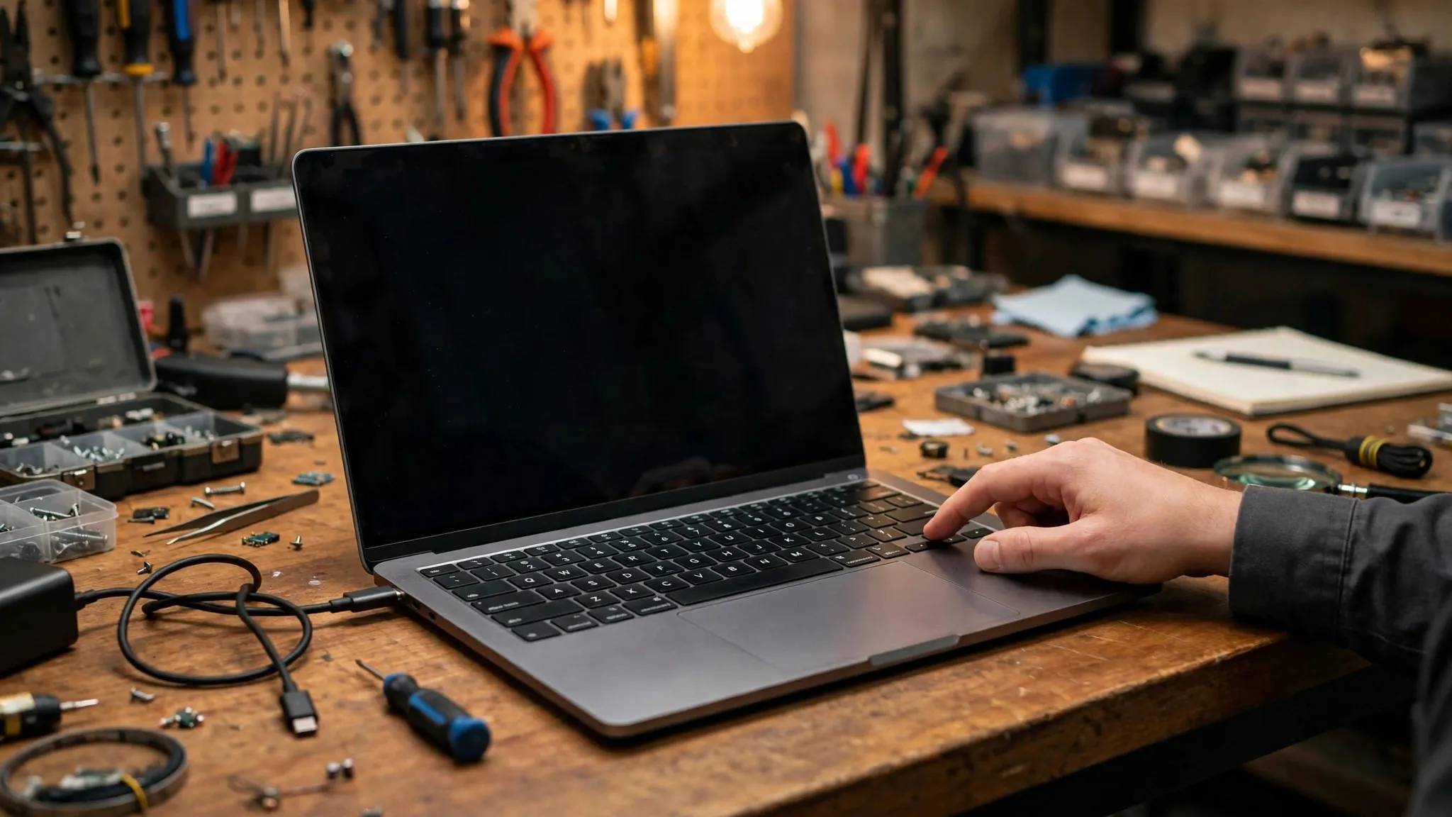 Technician diagnosing a laptop that won't turn on at IT Repair Hub Lahore — power, battery and motherboard check