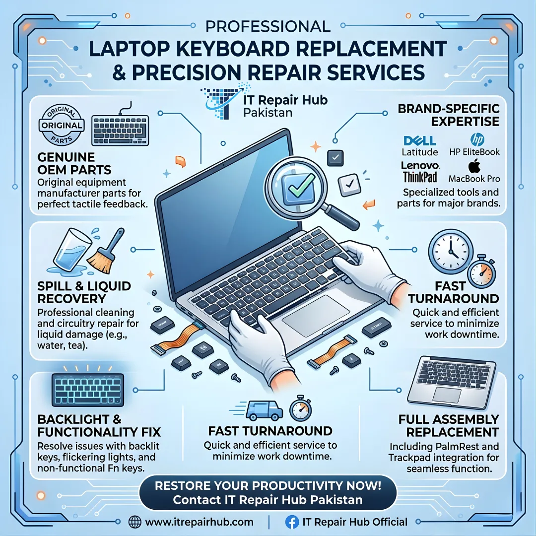 laptop keyboard replacement and repair service at IT Repair Hub workshop showing a technician installing a new genuine backlit keyboard.