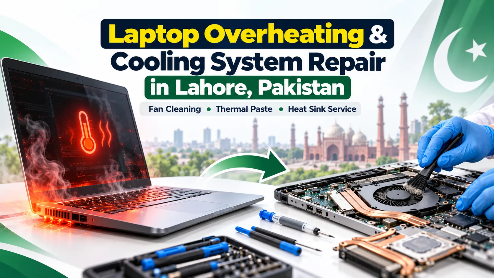 Technician inspecting a laptop cooling fan and heat sink during laptop overheating repair at IT Repair Hub Lahore