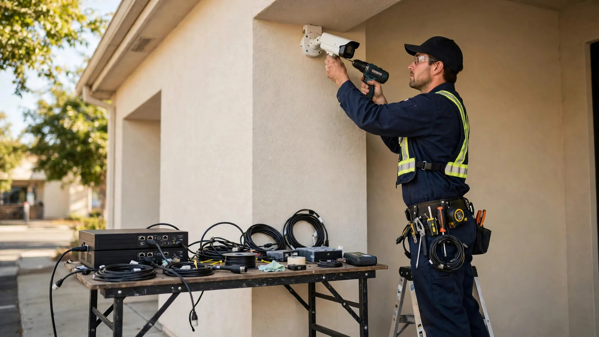 Technician installing a bullet CCTV camera on a building wall in Pakistan — IT Repair Hub CCTV installation service
