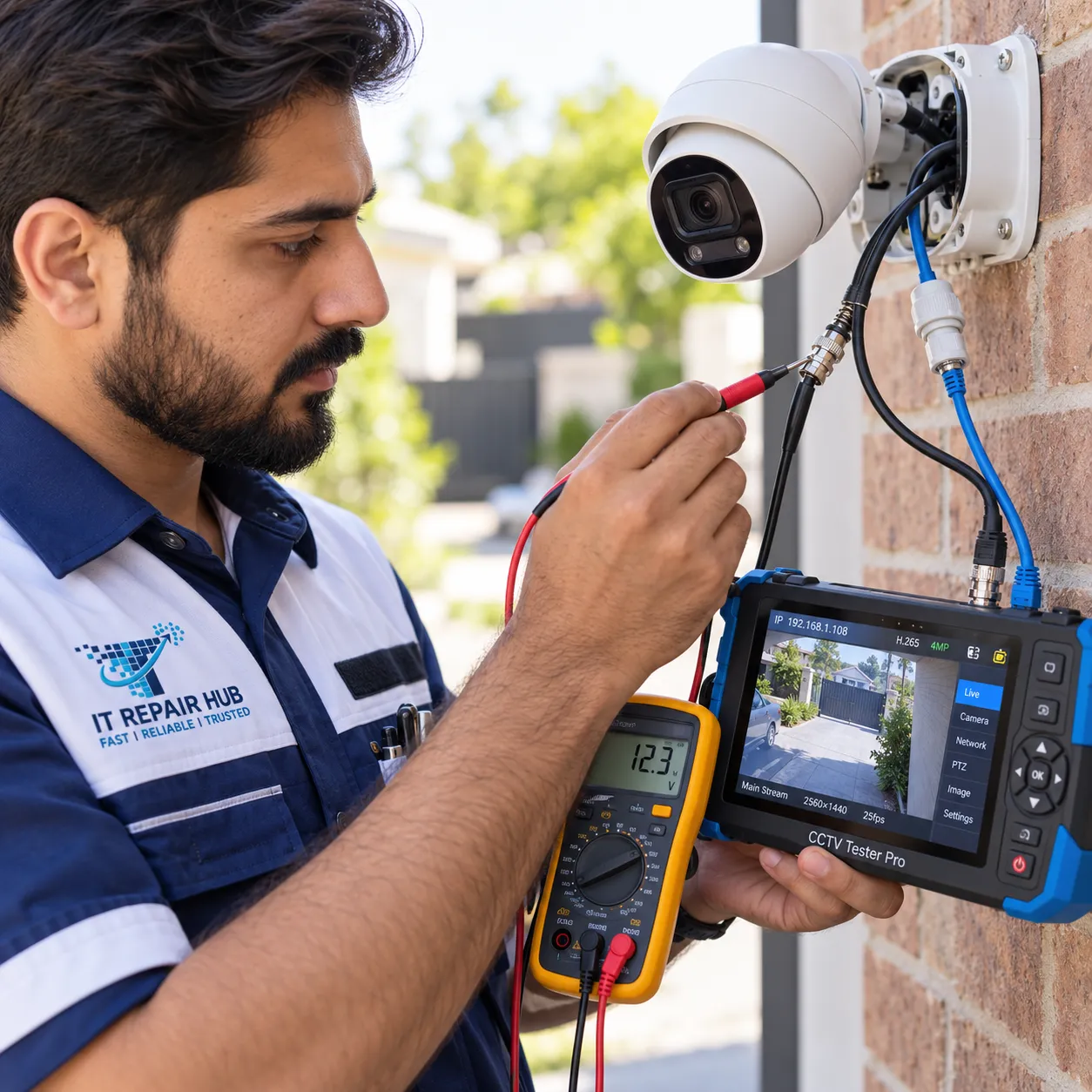 CCTV Video Loss Fix, Signal Repair & Power Supply Troubleshooting by IT Repair Hub engineer using a field monitor on a camera.