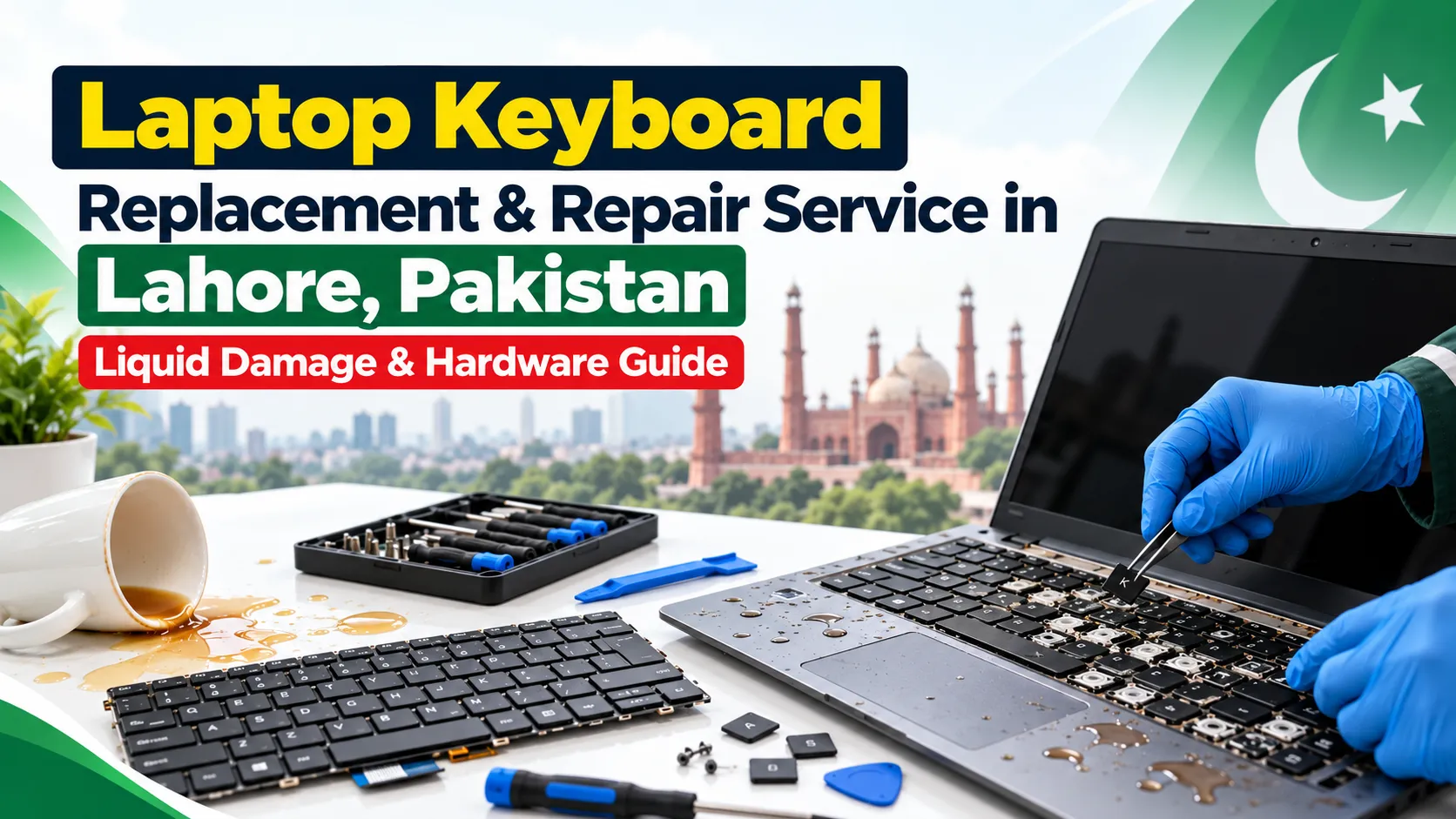 Technician replacing a laptop keyboard at IT Repair Hub in Lahore, Pakistan.