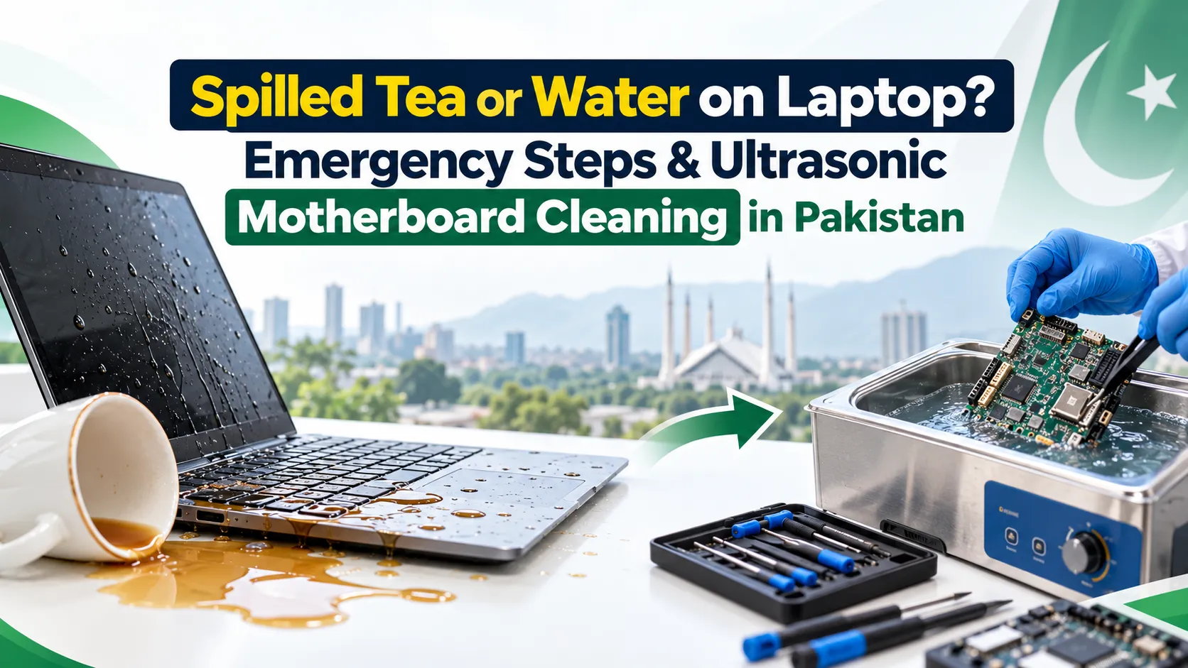 Laptop motherboard inspection and ultrasonic cleaning for liquid damage repair at IT Repair Hub Lahore