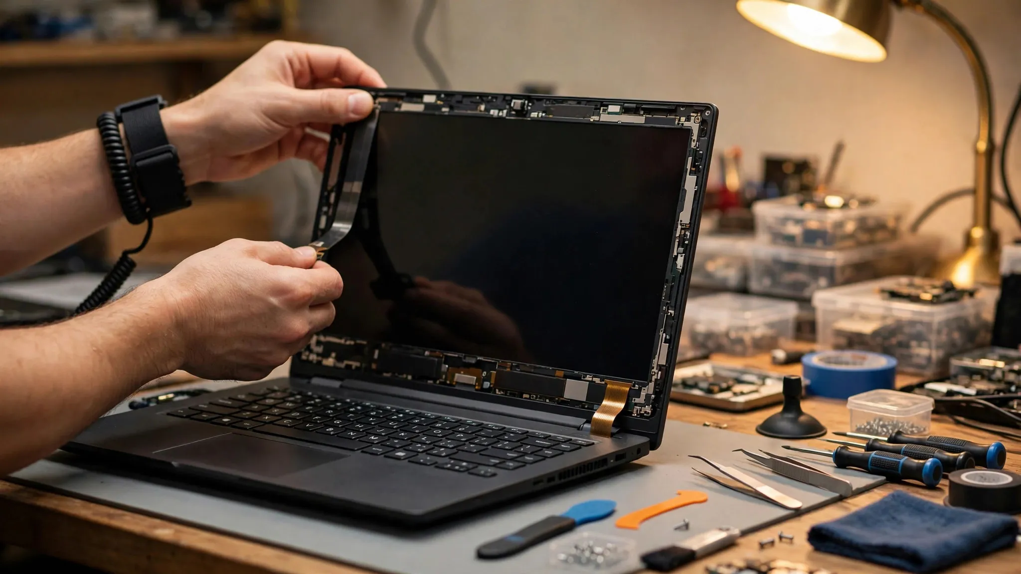 Technician fitting a new display panel into an opened laptop on a repair workbench — IT Repair Hub laptop screen repair Pakistan