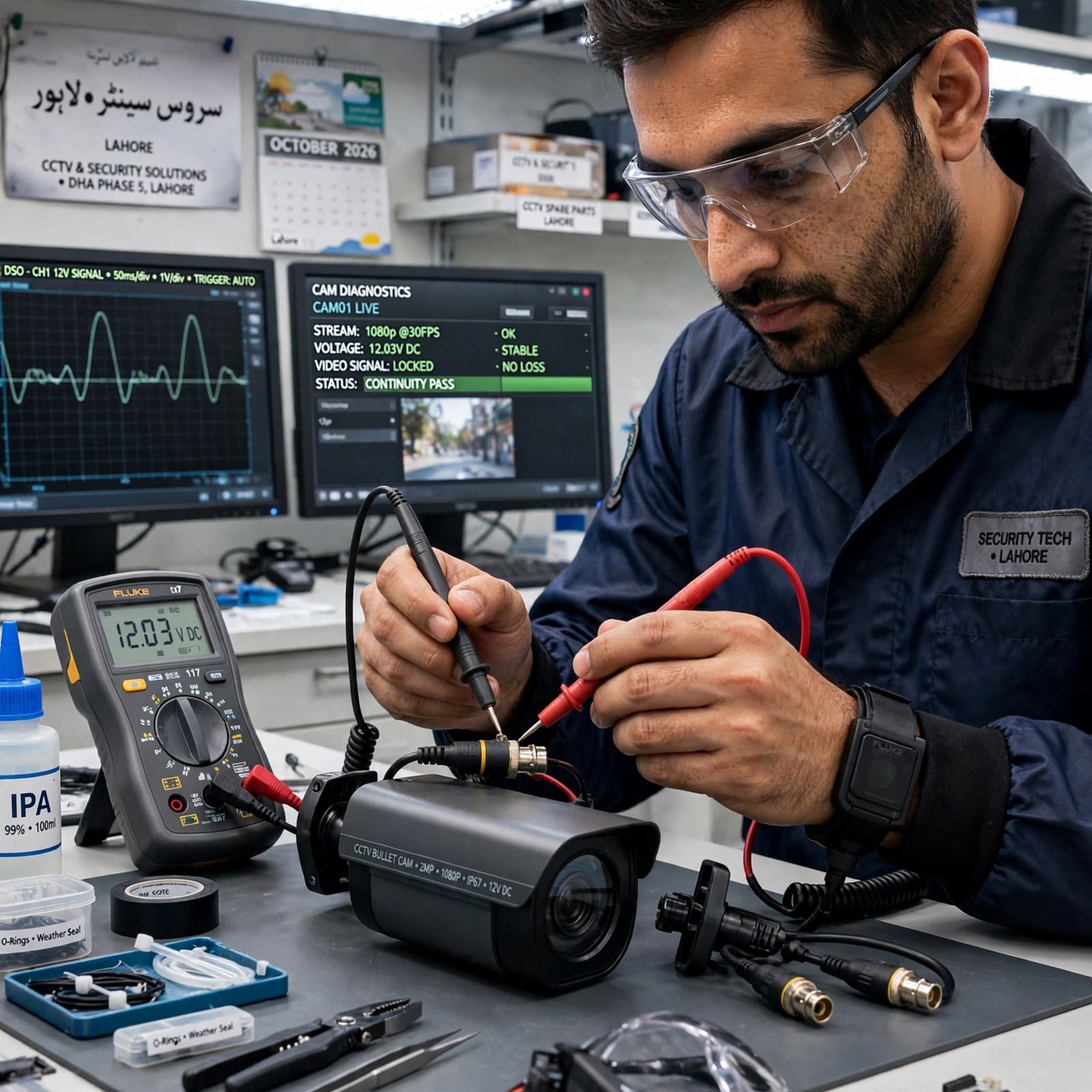 Certified technician performing a CCTV Camera Repair on an IP camera mainboard using a micro-soldering iron in Lahore