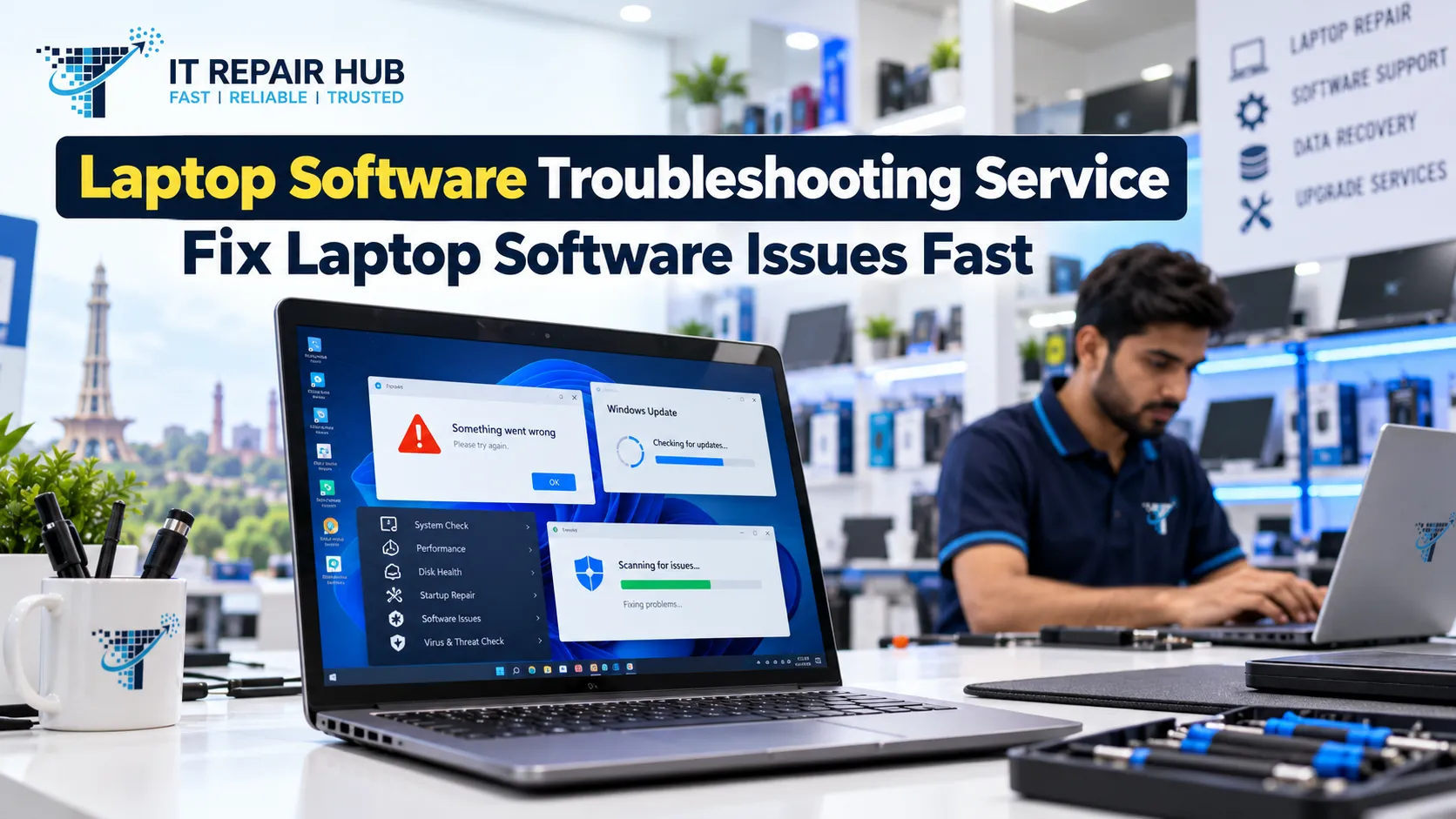 Technician performing laptop software troubleshooting and operating system repair at IT Repair Hub Lahore