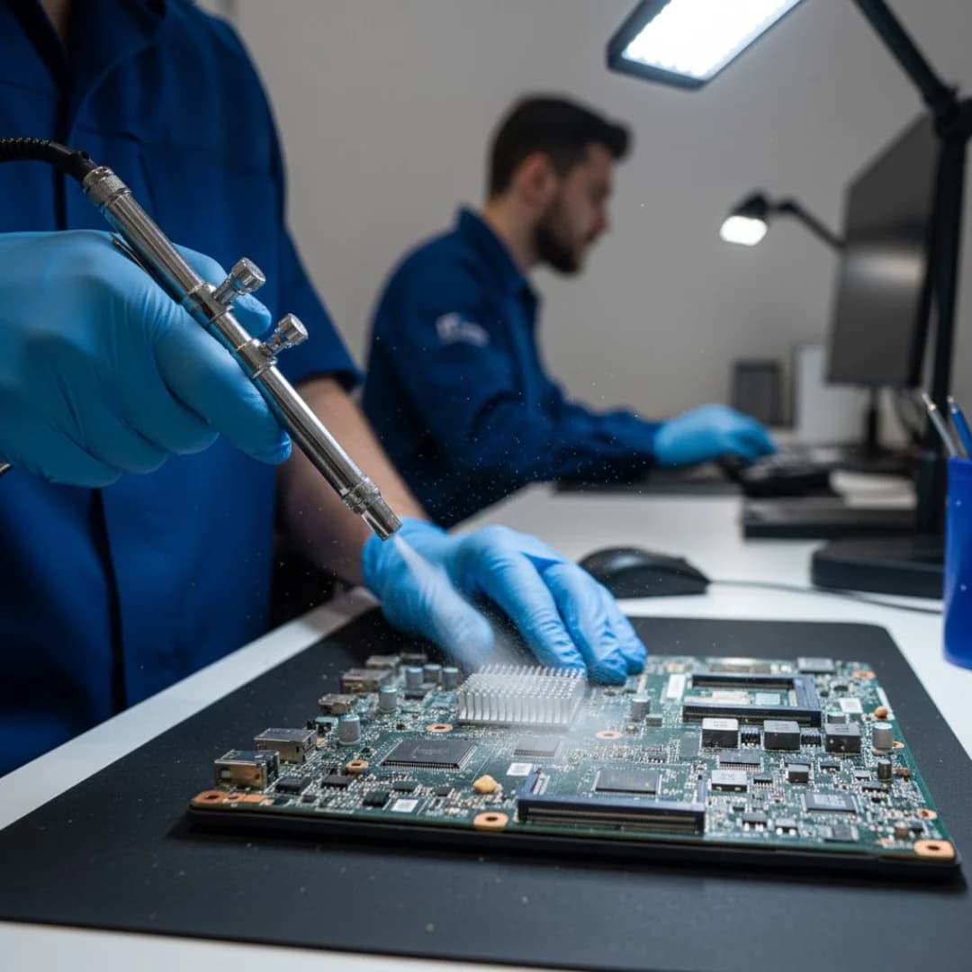 Technician performing ultrasonic cleaning on laptop motherboard at IT Repair Hub Lahore